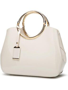 Cream Glossy Metal Grip Structured Shoulder Handbag - Stylish Women's Satchel